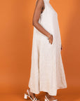 Woman Wearing Linen Dress Maxi High Collar Made in Italy - Beige - One size - Dress LUXAMORE