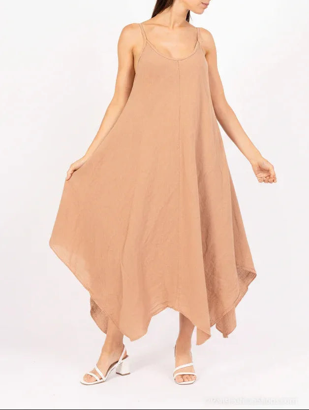 Linen Dress Maxi Made in Italy - Camel - One size worn by model in natural setting LUXAMORE 