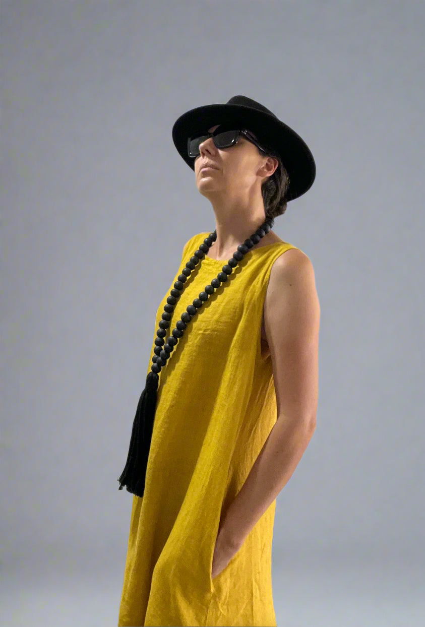 Woman Wearing Linen Dress Midi A Line Pockets Made in Italy Yellow - Dress LUXAMORE