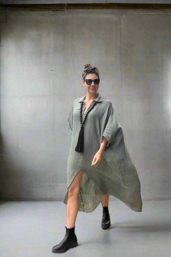 Woman Wearing Linen Dress Oversize Maxi Kaftan Made in Italy Olive - Dress LUXAMORE