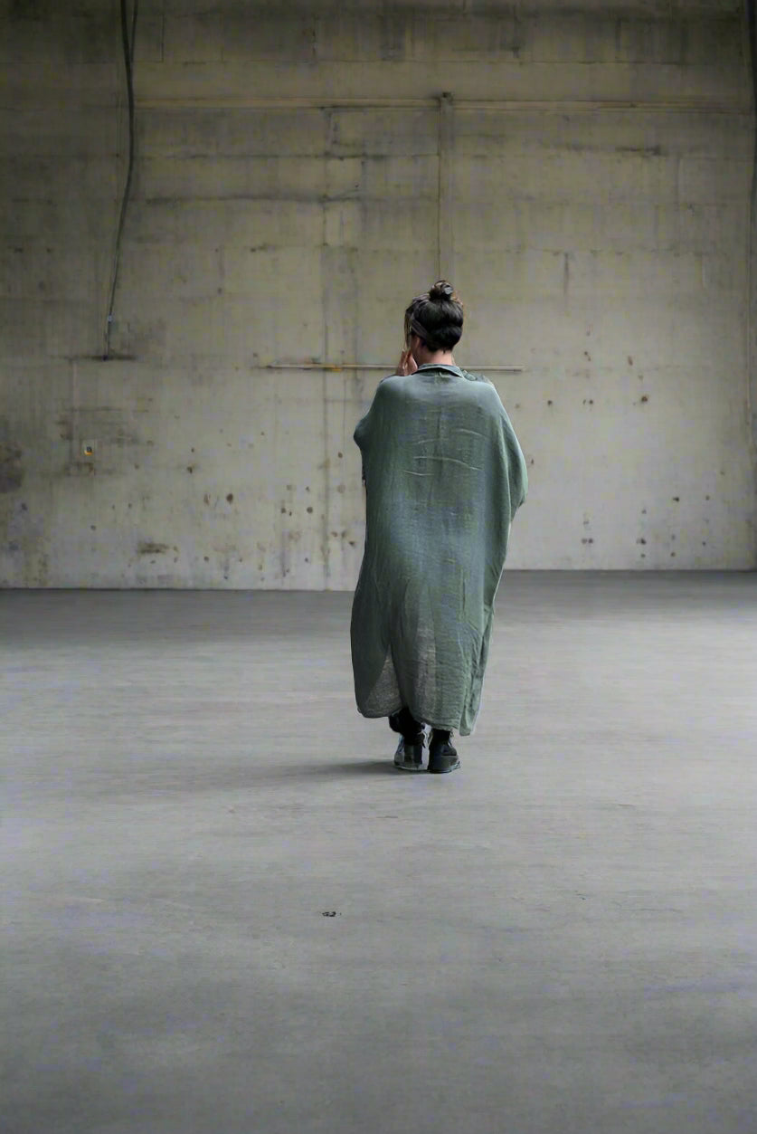 Woman Wearing Linen Dress Oversize Maxi Kaftan Made in Italy Olive - Dress LUXAMORE