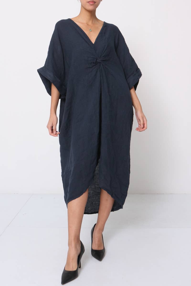 Woman Wearing Linen Dress V-neck Knot Front Midi Made in Italy Navy - Dress LUXAMORE