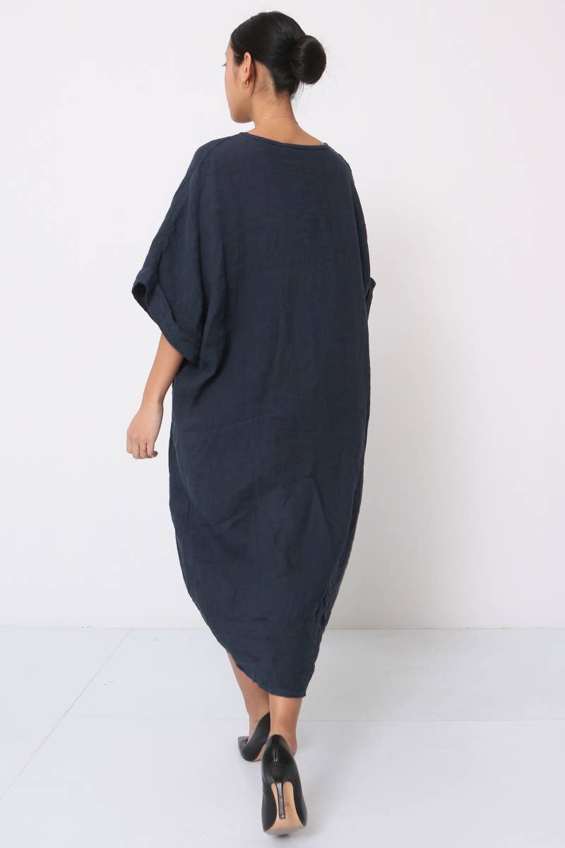 Woman Wearing Linen Dress V-neck Knot Front Midi Made in Italy Navy - Dress LUXAMORE
