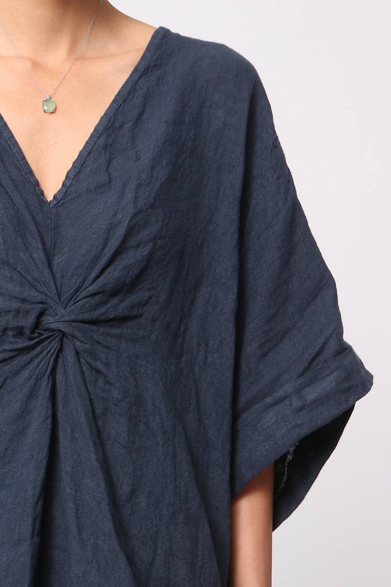 Woman Wearing Linen Dress V-neck Knot Front Midi Made in Italy Navy - Dress LUXAMORE