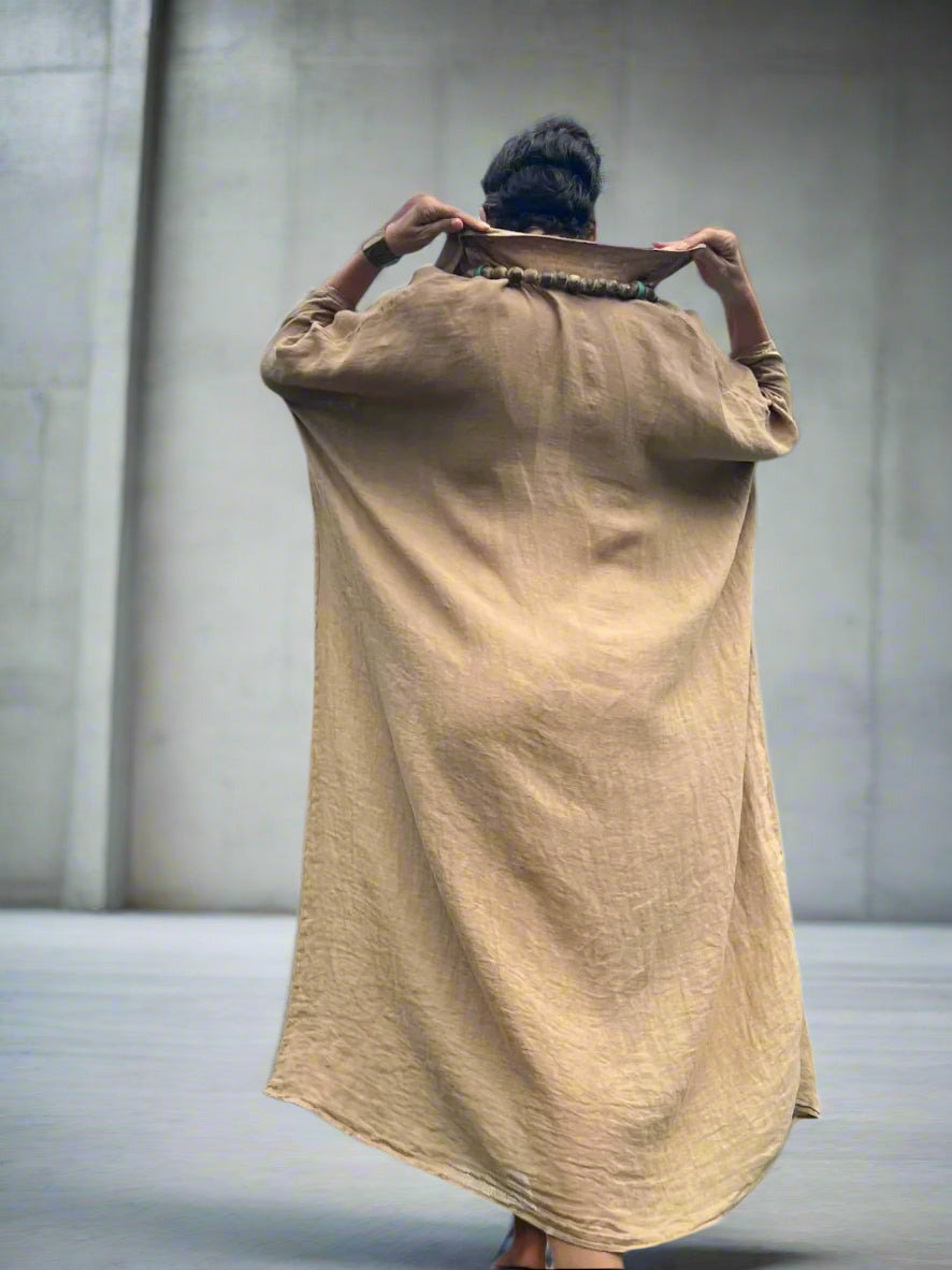 Made in Italy Resort Linen Kaftan Caramel - LUXAMORE -Dress-Elegant Italian made linen dress with an oversized kaftan fit. Lightweight, breathable, and perfect for effortless style all year round.