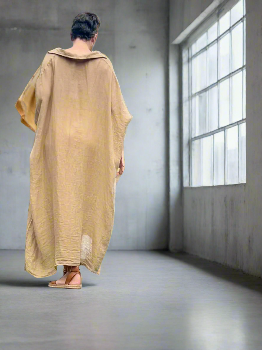 Made in Italy Resort Linen Kaftan Caramel - LUXAMORE -Dress-Elegant Italian made linen dress with an oversized kaftan fit. Lightweight, breathable, and perfect for effortless style all year round.