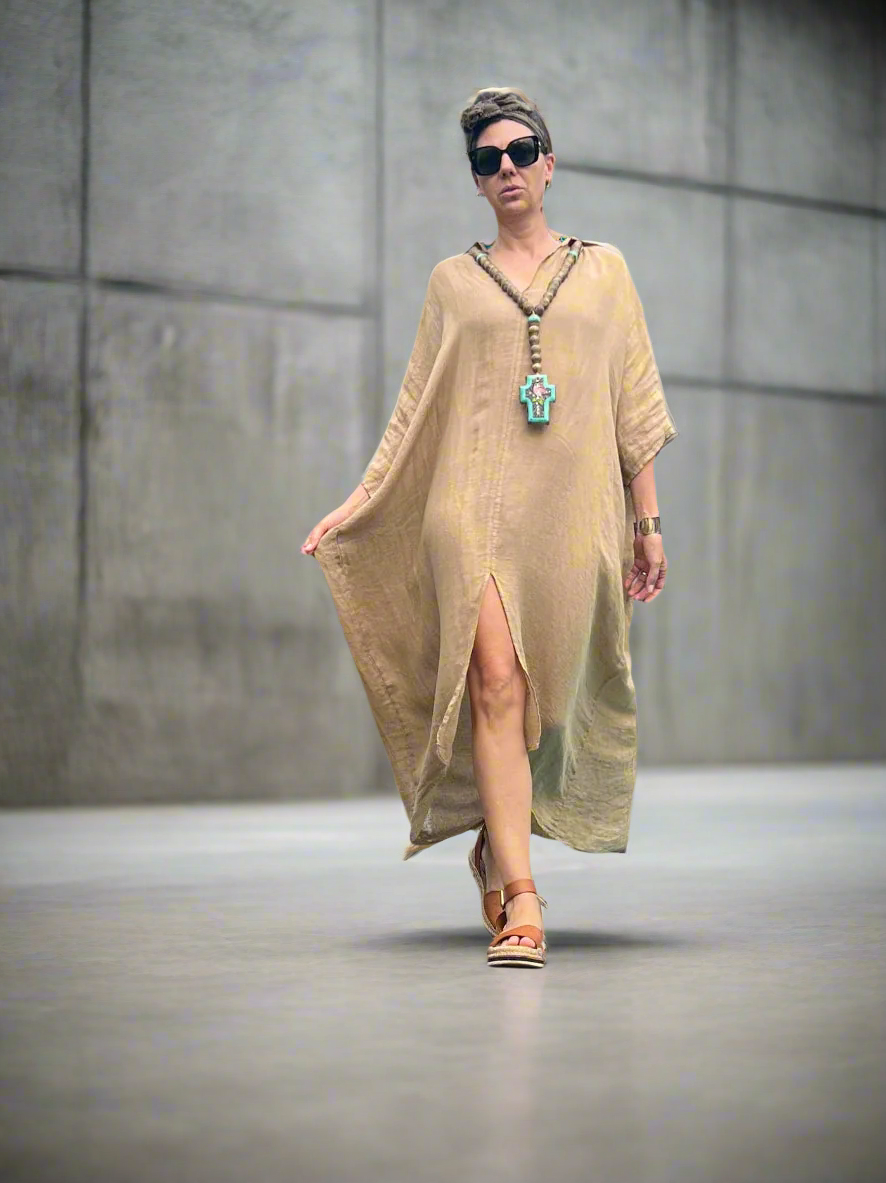 Made in Italy Resort Linen Kaftan Caramel - LUXAMORE -Dress-Elegant Italian made linen dress with an oversized kaftan fit. Lightweight, breathable, and perfect for effortless style all year round.