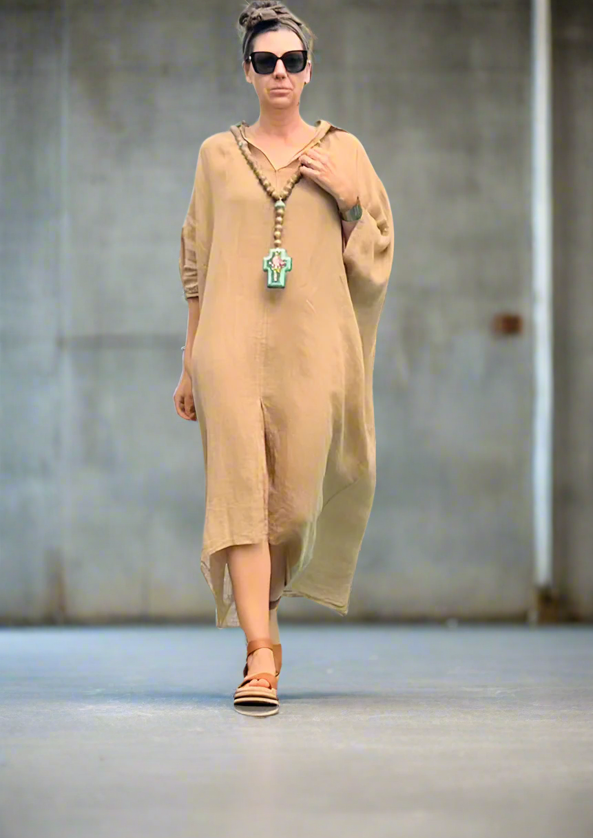 Made in Italy Resort Linen Kaftan Caramel - LUXAMORE -Dress-Elegant Italian made linen dress with an oversized kaftan fit. Lightweight, breathable, and perfect for effortless style all year round.