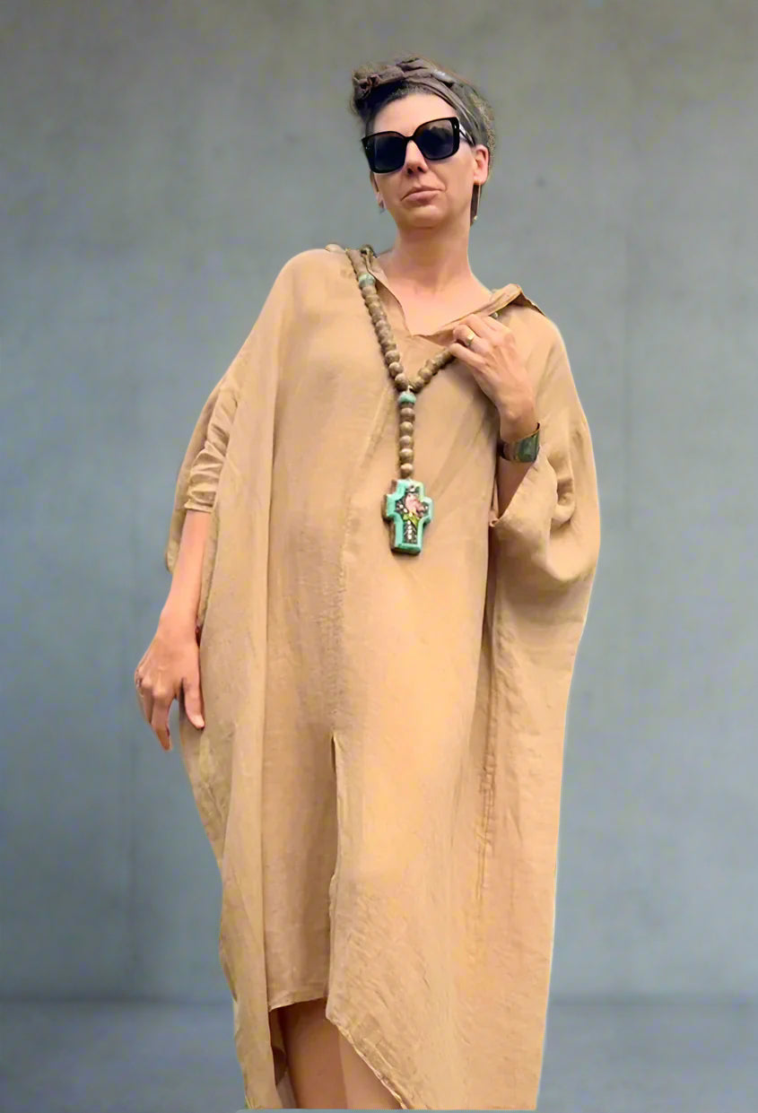 Woman Wearing Linen Dress Oversize Maxi Kaftan Made in Italy Caramel - Dress LUXAMORE