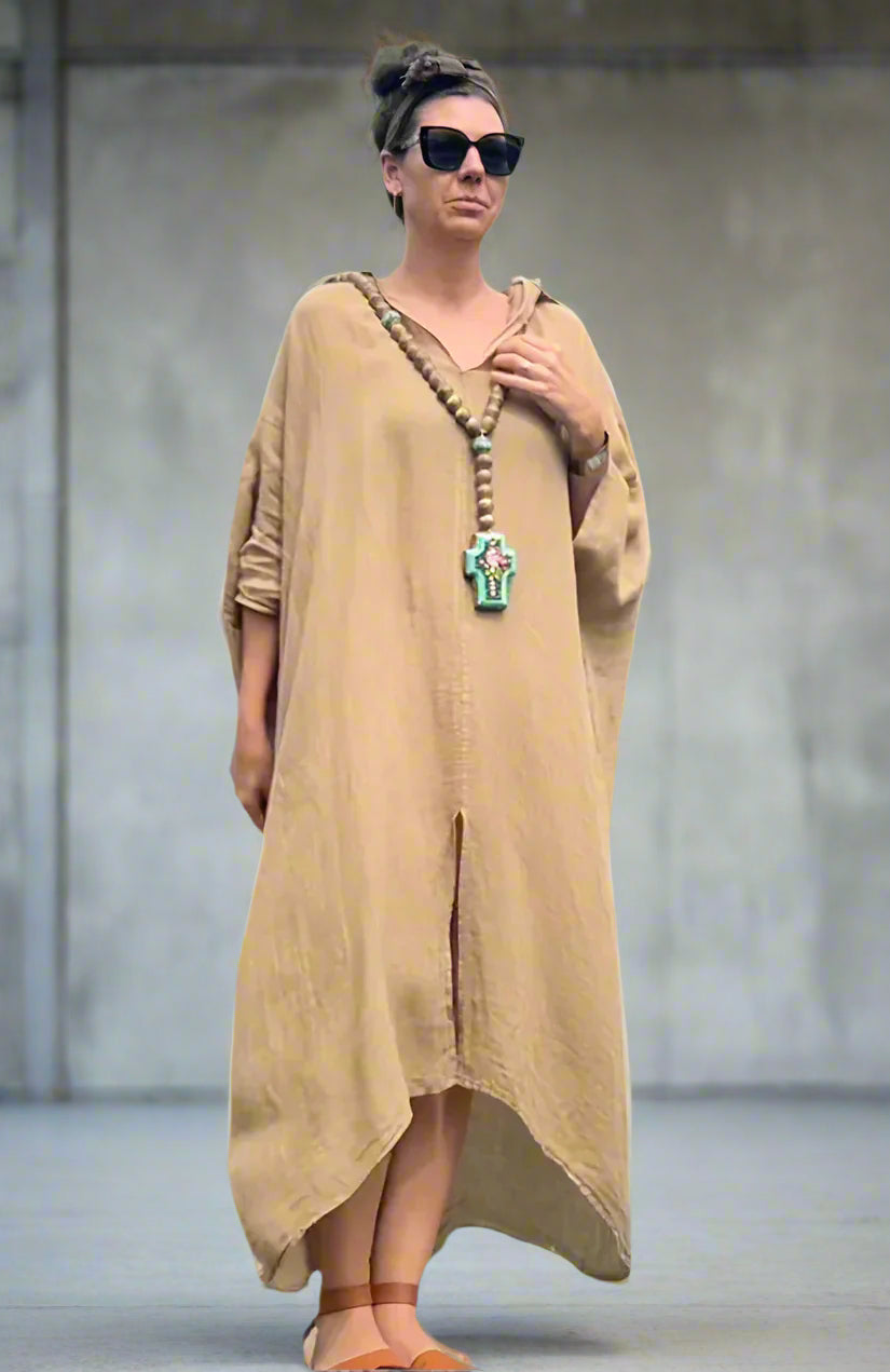 Woman Wearing Linen Dress Oversize Maxi Kaftan Made in Italy Caramel - Dress LUXAMORE