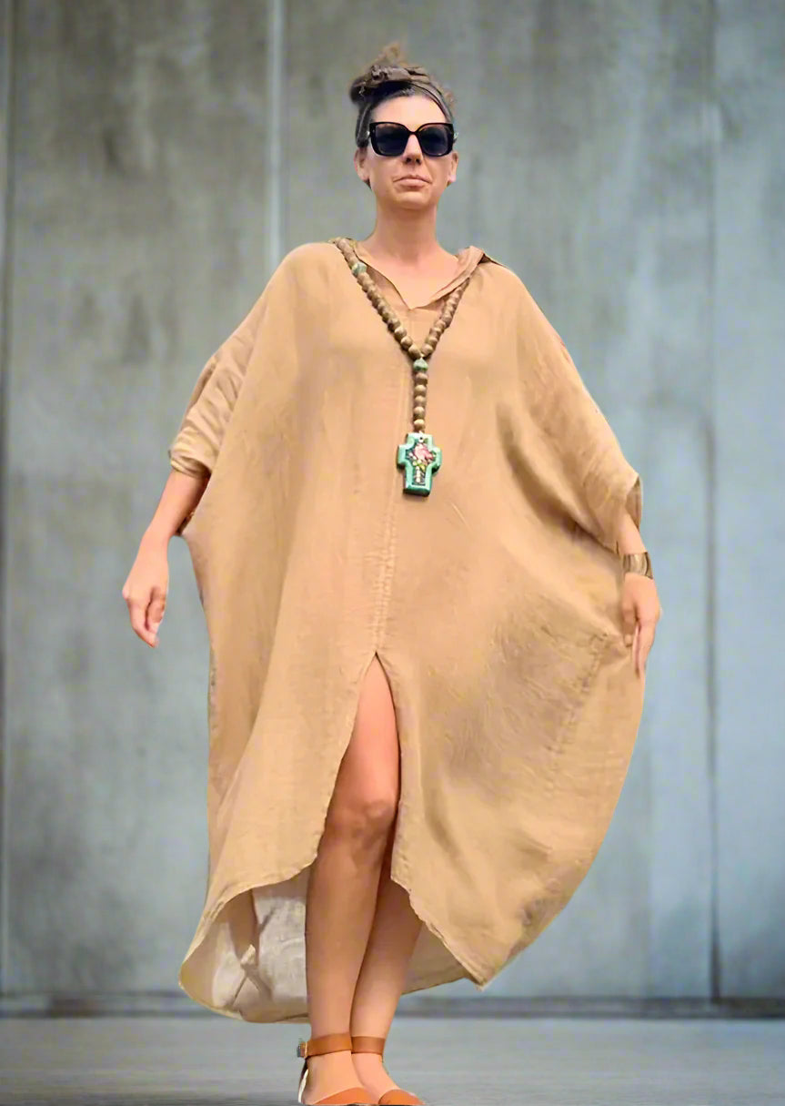 Woman Wearing Linen Dress Oversize Maxi Kaftan Made in Italy Caramel - Dress LUXAMORE