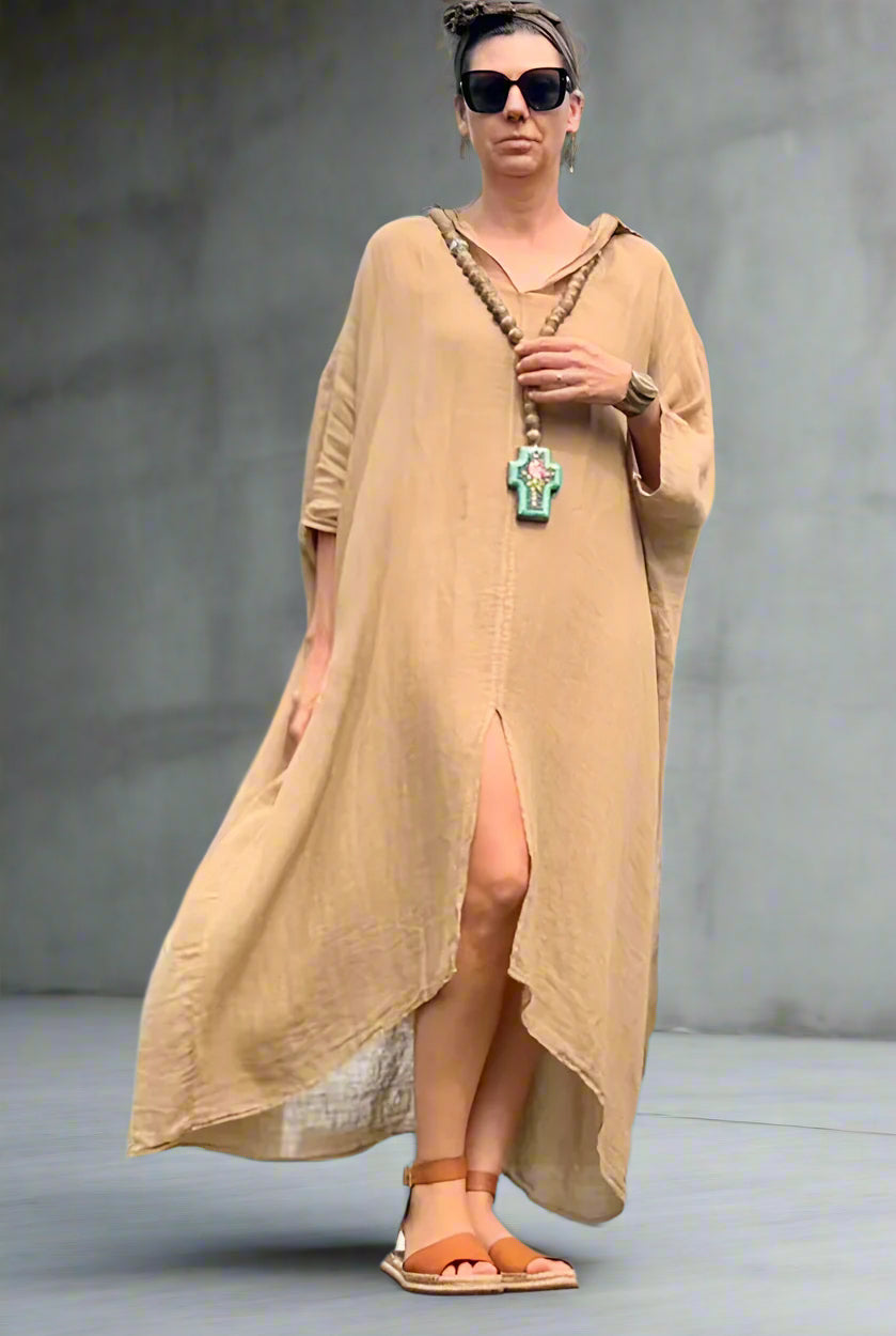 Woman Wearing Linen Dress Oversize Maxi Kaftan Made in Italy Caramel - Dress LUXAMORE