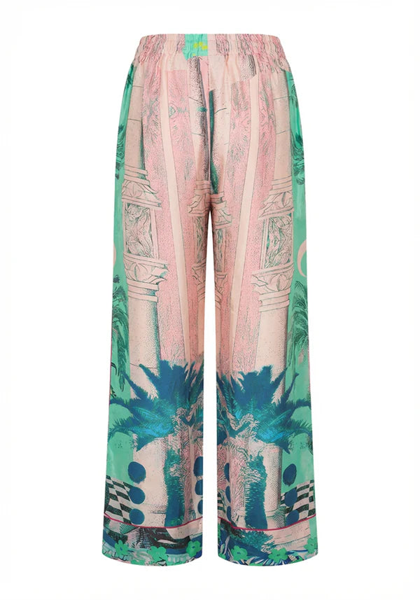Wide-leg summer trousers: Miss Goodlife Love Palace pants featuring an elasticated back and side pockets. LUXAMORE