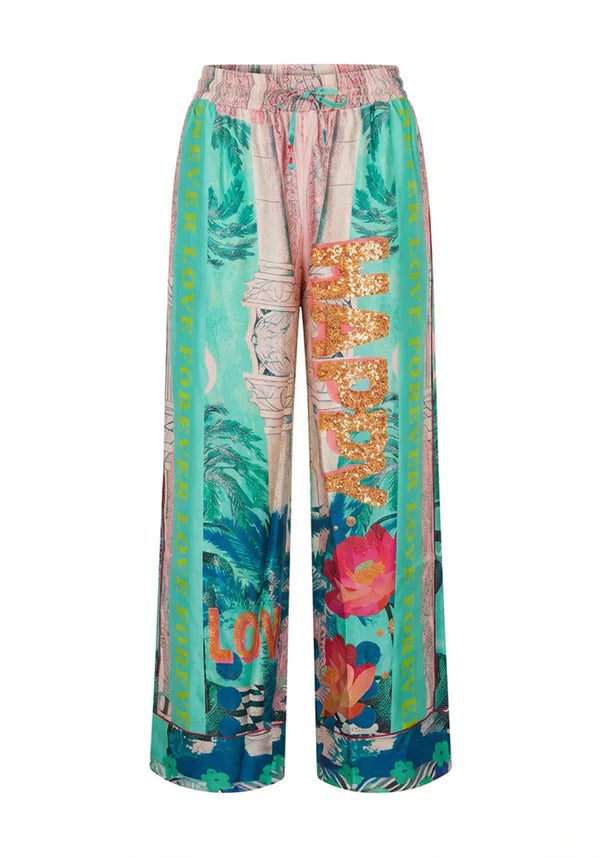 Wide-leg summer trousers: Miss Goodlife Love Palace pants featuring an elasticated back and side pockets. LUXAMORE