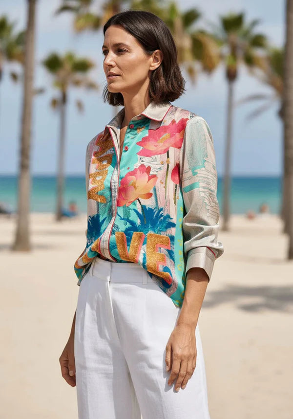 Miss Goodlife Love Palace blouse featuring one of a kind print. LUXAMORE