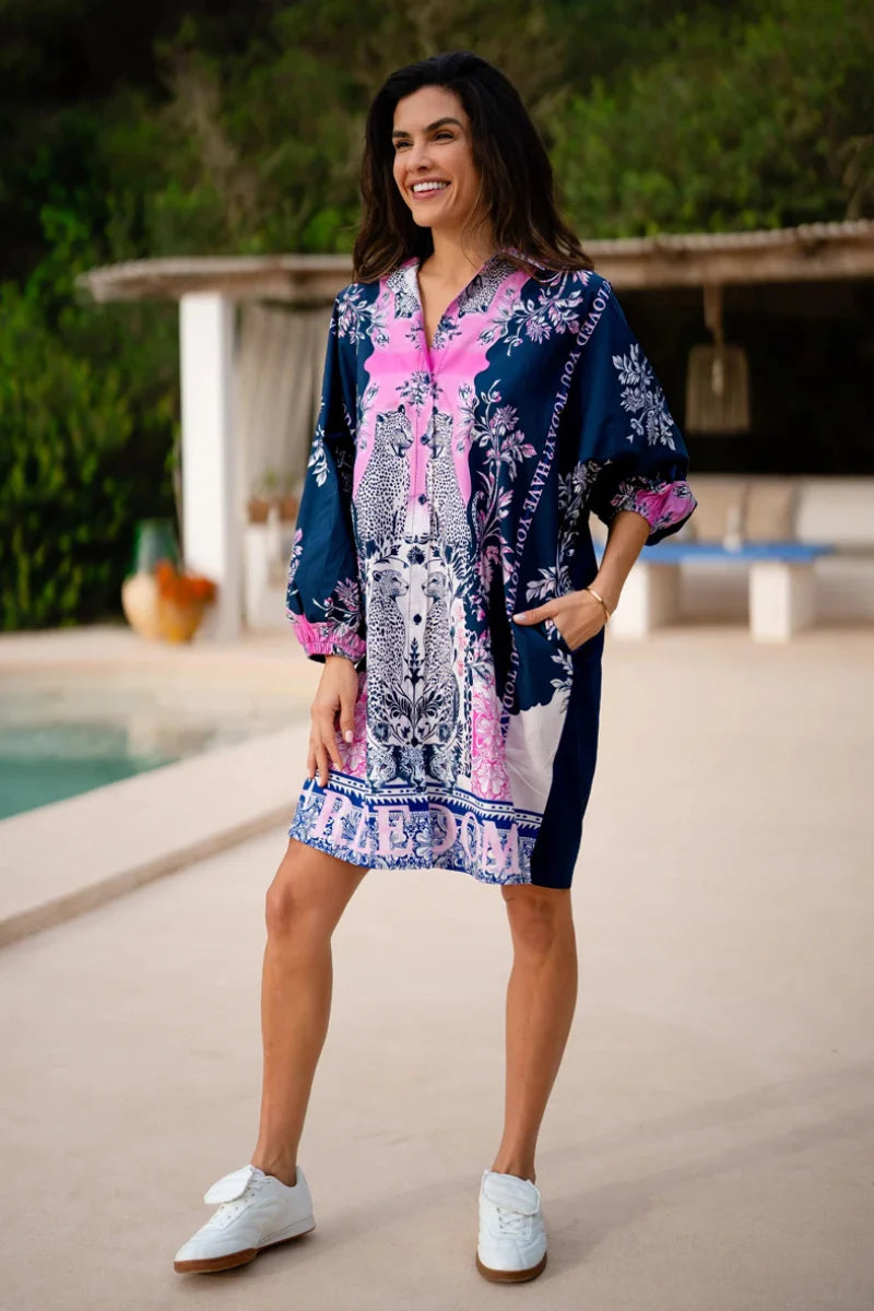 Miss Goodlife Freedom Shirt Dress Made in Italy worn by model in natural setting LUXAMORE 