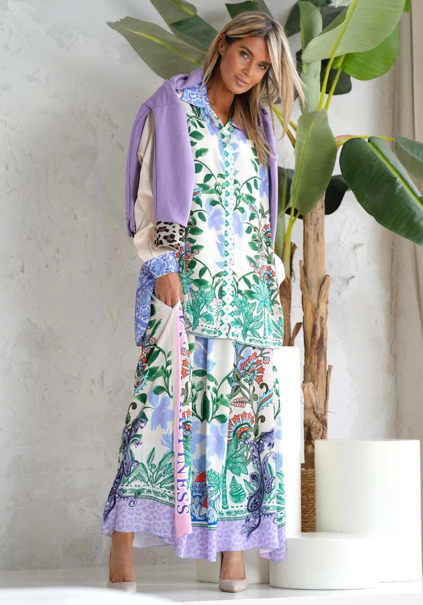 Miss Goodlife Green Garden Blouse Made in Italy worn by model in natural setting LUXAMORE 