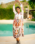 Miss Goodlife Midi Dress Boheme Glamour Made in Italy worn by model in natural setting LUXAMORE 