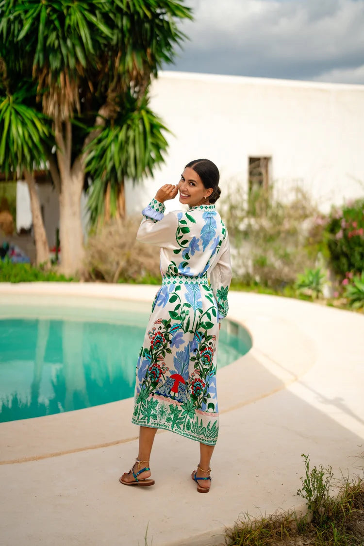 Miss Goodlife Midi Dress Green Garden Made in Italy worn by model in natural setting LUXAMORE 