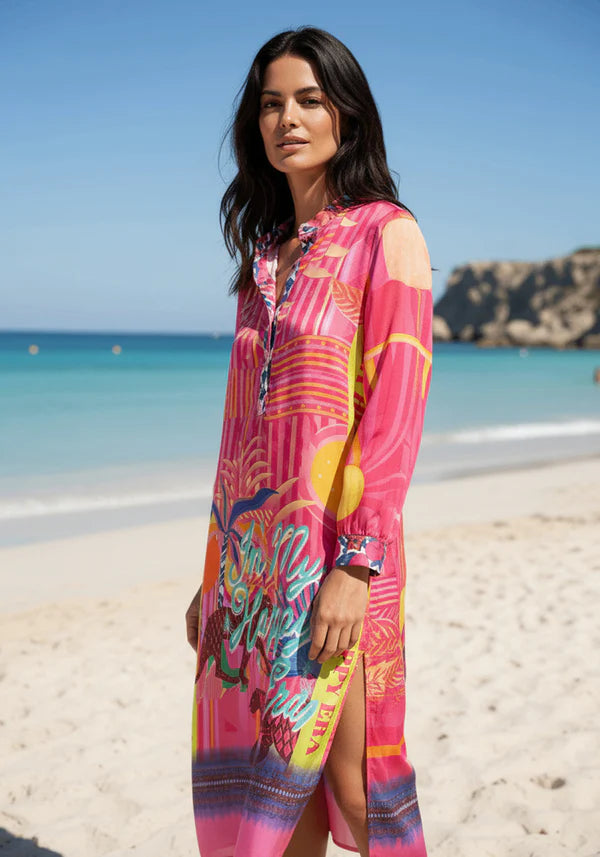 Luxury resort-wear dress: Close-up of the small stand-up collar and button placket on the Miss Goodlife Sunset Dream dress.