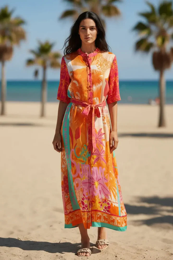 Maxi shirt dress: Miss Goodlife Orange Palm Maxi Dress featuring a bold tropical print and short sleeve design.