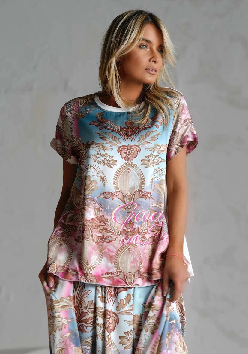 Miss Goodlife T-shirt Light Garden Made in Italy worn by model in natural setting LUXAMORE 