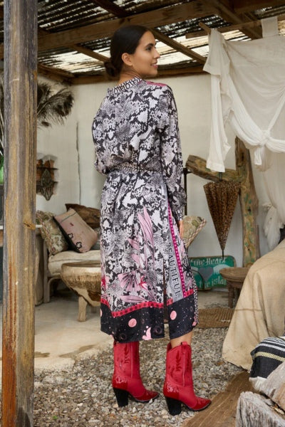 Pre Order Miss Goodlife Midi Dress Good Energy worn by model in natural setting LUXAMORE 