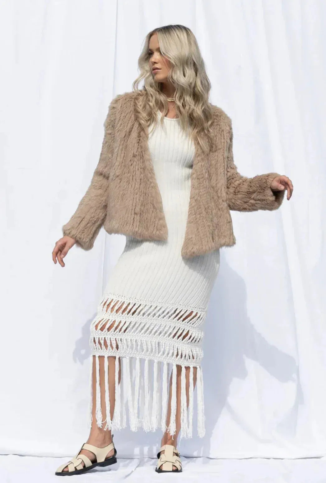 Mode &amp; Affaire Cascade Fur Coat In Ink worn by model in natural setting LUXAMORE 