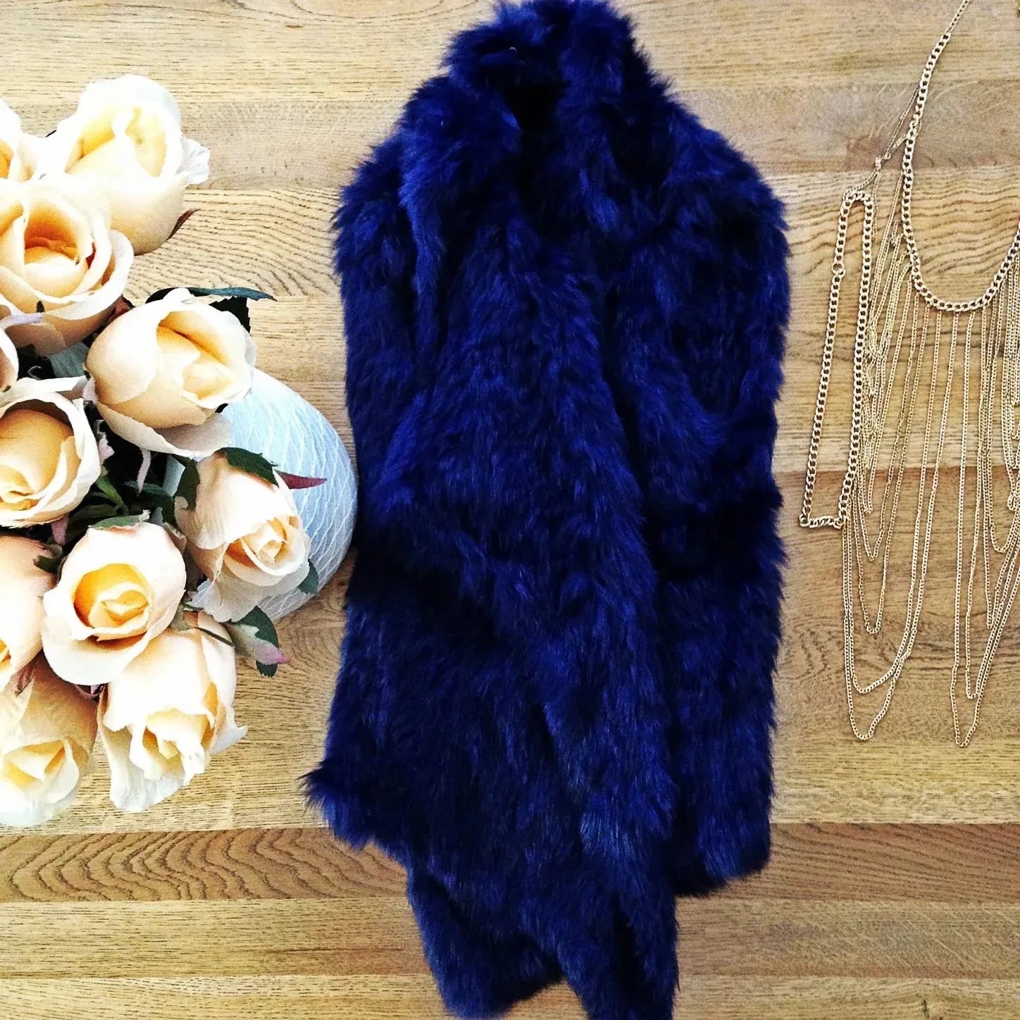 Mode &amp; Affaire Cascade Fur Coat In Ink worn by model in natural setting LUXAMORE 