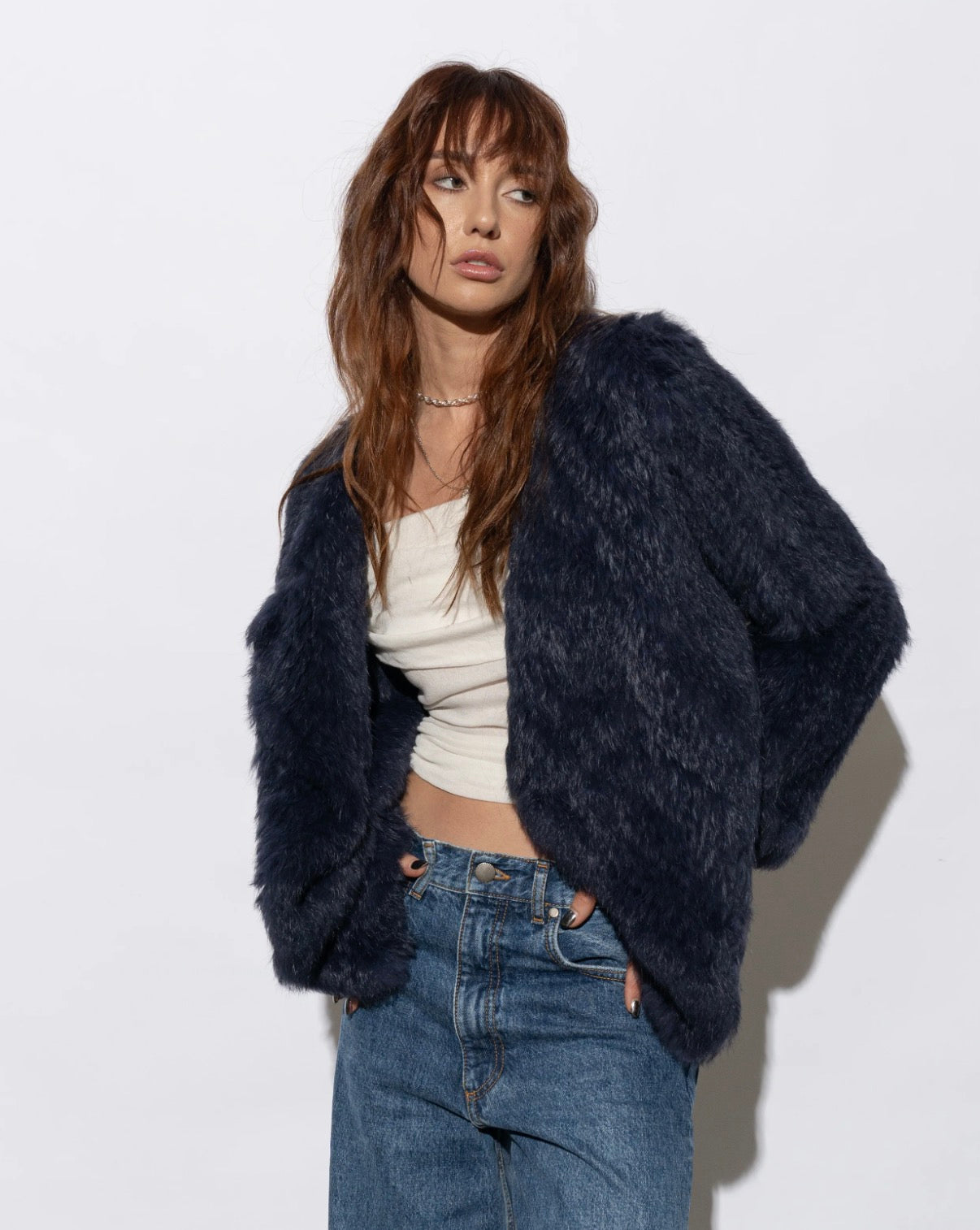 Mode &amp; Affaire Cascade Fur Jacket In Ink - LUXAMORE -JACKET-Mode &amp; Affaire Cascade Fur Jacket The Mode &amp; Affaire Cascade Rabbit Fur Jacket is a sustainable and ethically crafted winter staple Shop Mode &amp; Affaire Fur
