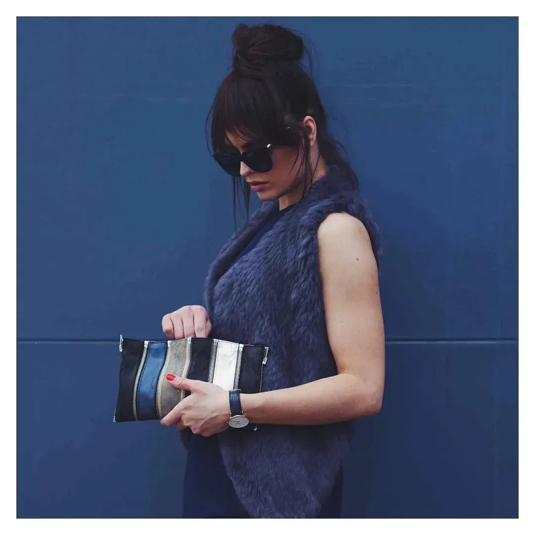 Mode & Affaire Collier Fur Vest - Ink worn by model in natural setting LUXAMORE 