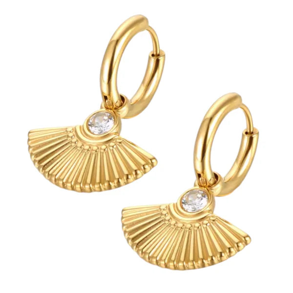 Orna Curio Fan Mail Gold Earrings - LUXAMORE -Earings-Gold Plated Earrings Introducing our Fan Mail Earrings, crafted with 18k gold plating and intricate fan carvings accented by a sparkling cubic zirconia centerpiece. Materials: 18k Gold Plated Stainless Steel Dimensions: 2.8cm x 2cm
