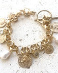 Pre Order Charm coin bracelet French coin jewelry pearl fall jewelry: Silver worn by model in natural setting LUXAMORE 