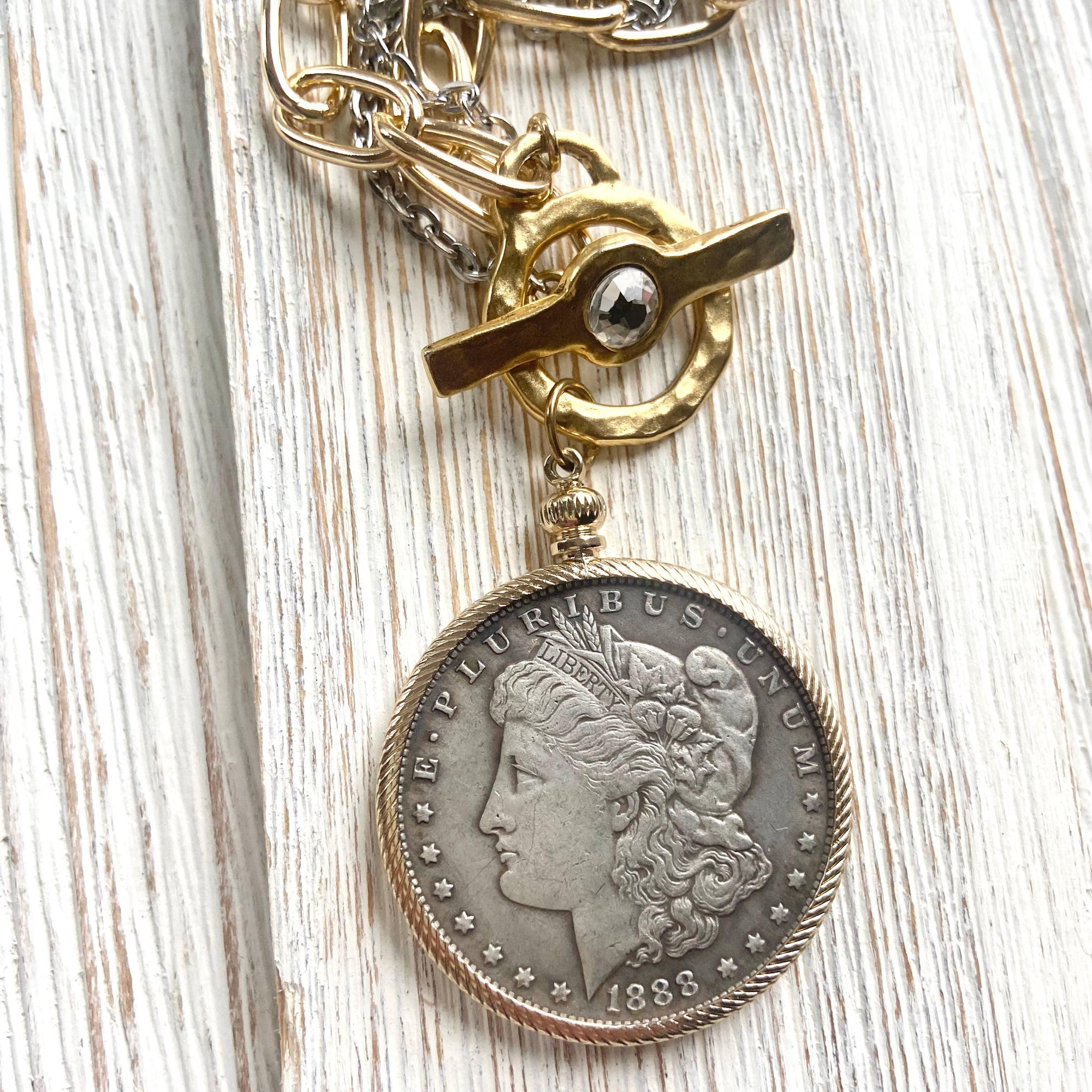 Pre Order Coin necklace boutique jewelry crystal handmade mixed metal worn by model in natural setting LUXAMORE 