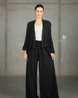 Italian Linen Wide Leg Pants Black - Made in Italy worn by model in natural setting LUXAMORE 
