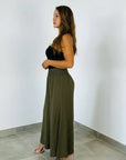 Italian Linen Wide Leg Pants Khaki - Made in Italy worn by model in natural setting LUXAMORE 