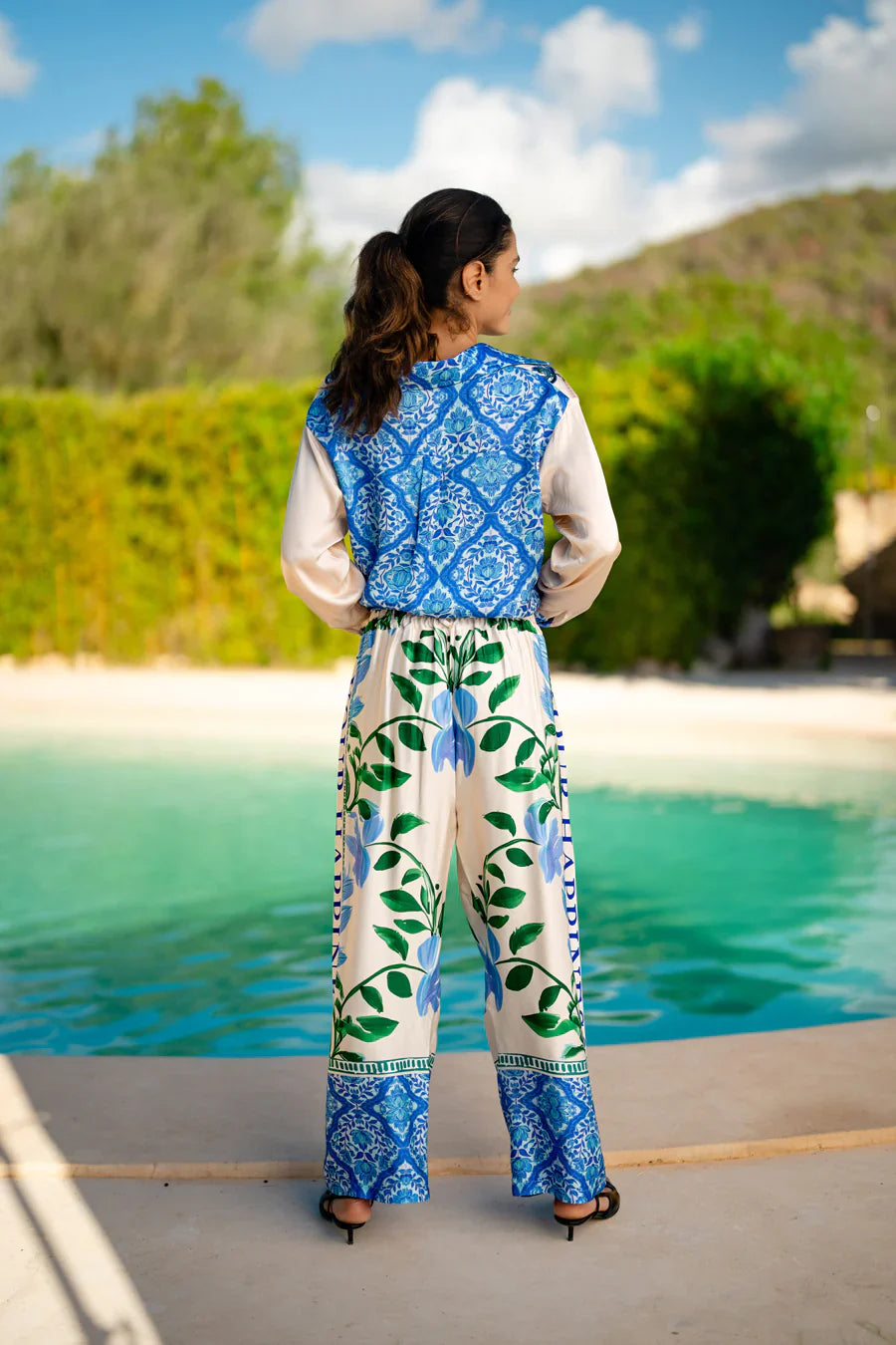 Pre Order Miss Goodlife Green Garden Blouse worn by model in natural setting LUXAMORE 