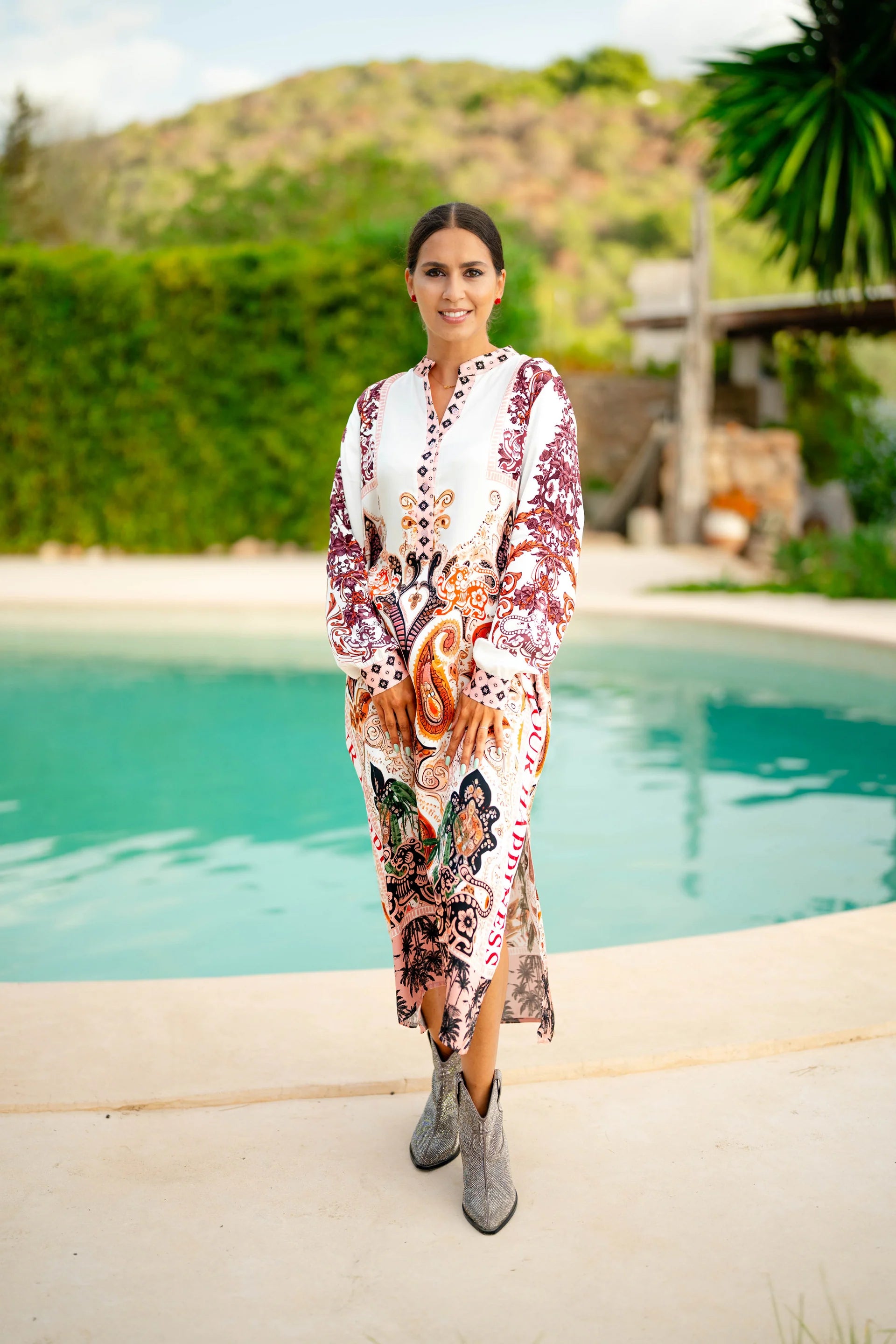 Pre Order Miss Goodlife Midi Dress Boheme Glamour worn by model in natural setting LUXAMORE 