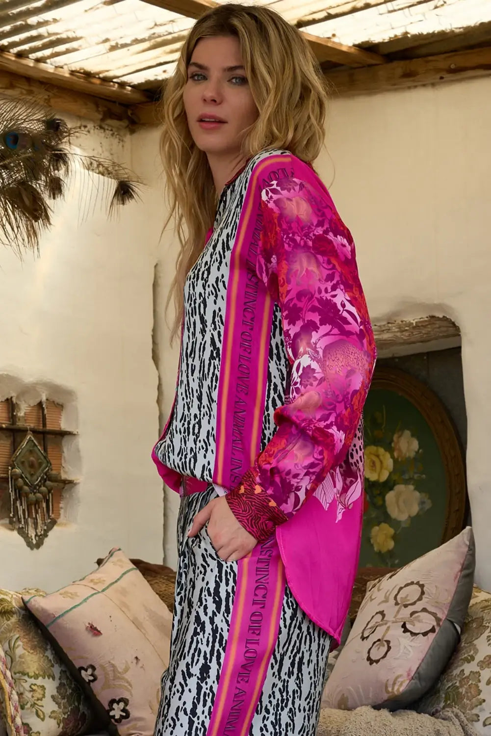 Pre Order Miss Goodlife Pink Animal Love Blouse worn by model in natural setting LUXAMORE 