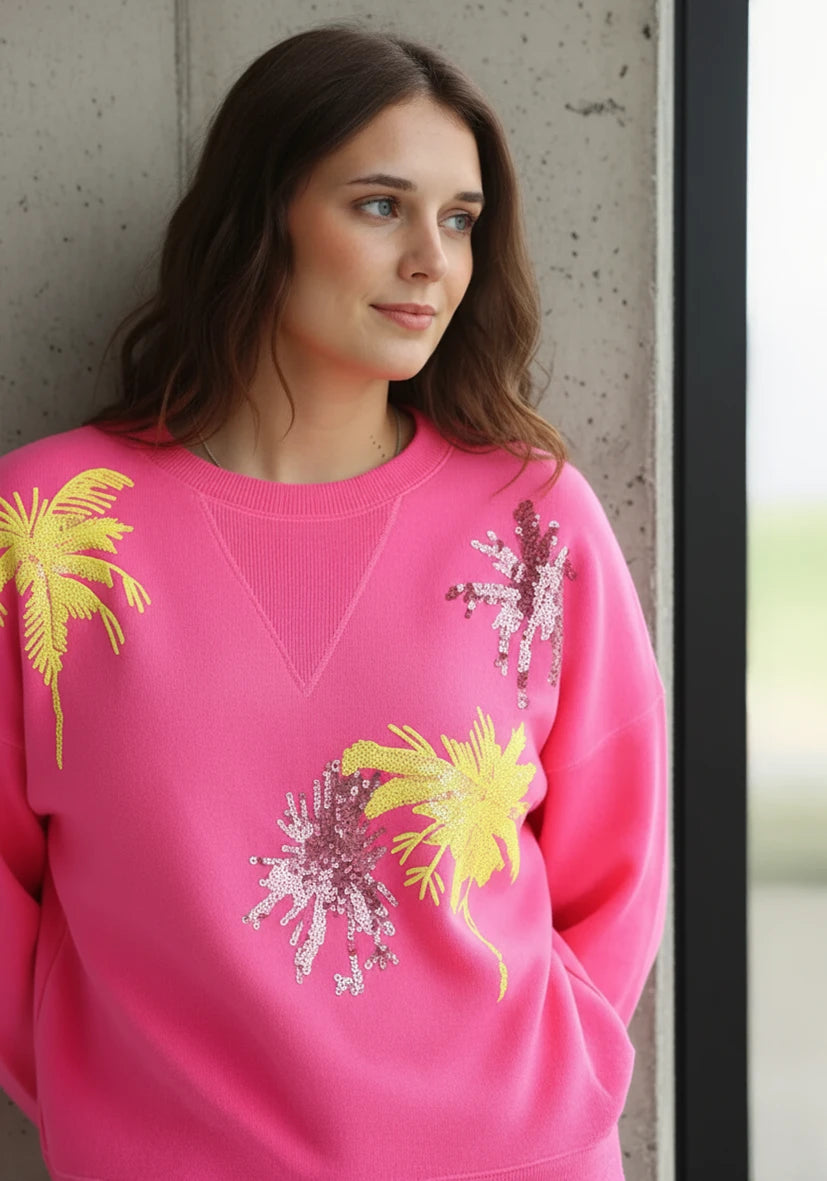Pre Order Miss Goodlife Roundneck Palmtree Paillette Sweater worn by model in natural setting LUXAMORE 