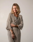 La Bottega di Brunella Spolverino Spice Linen coat - Campagna - Natural worn by model sustainably made in italy AW26 LUXAMORE  