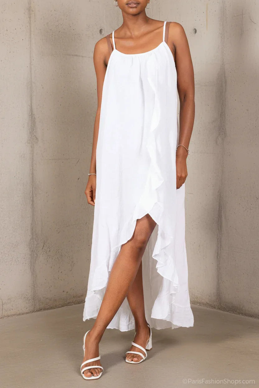 White Linen Dress Maxi Ruffled Made in Italy - One size worn by model in natural setting LUXAMORE 