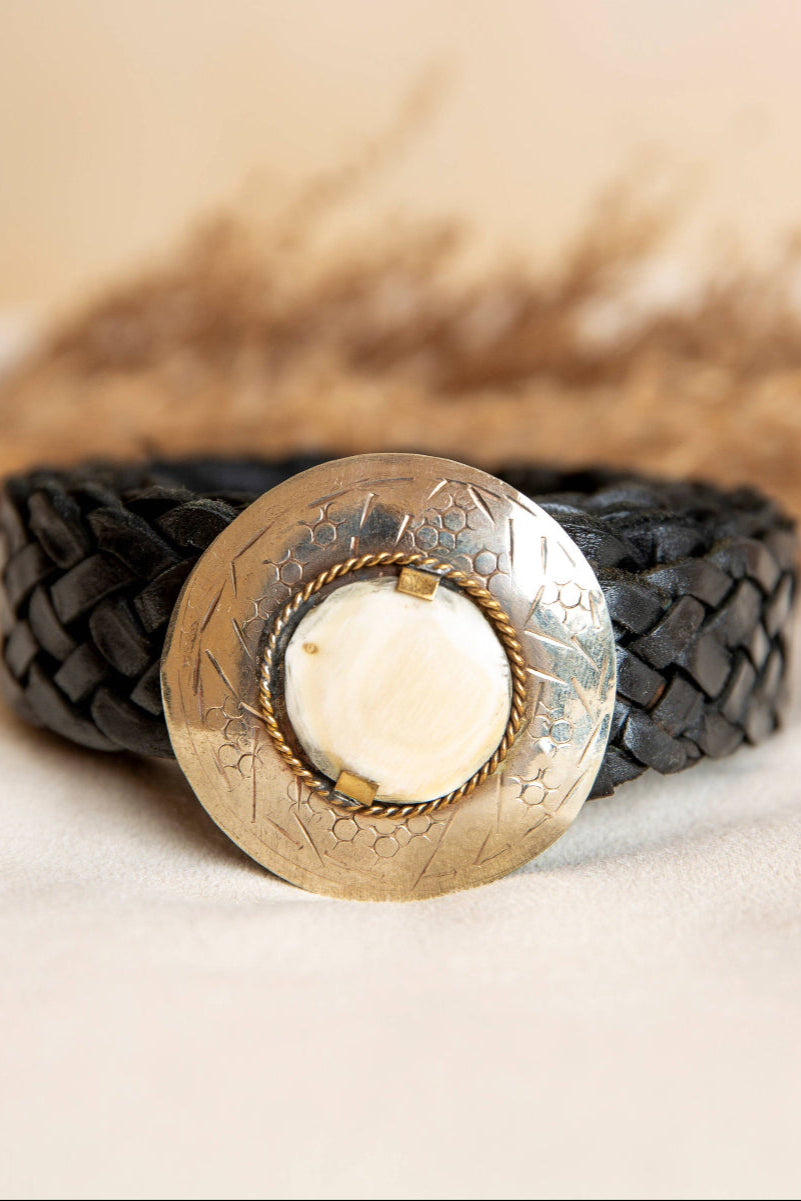 Handmade black leather belt from spain with centre detail stone and metal