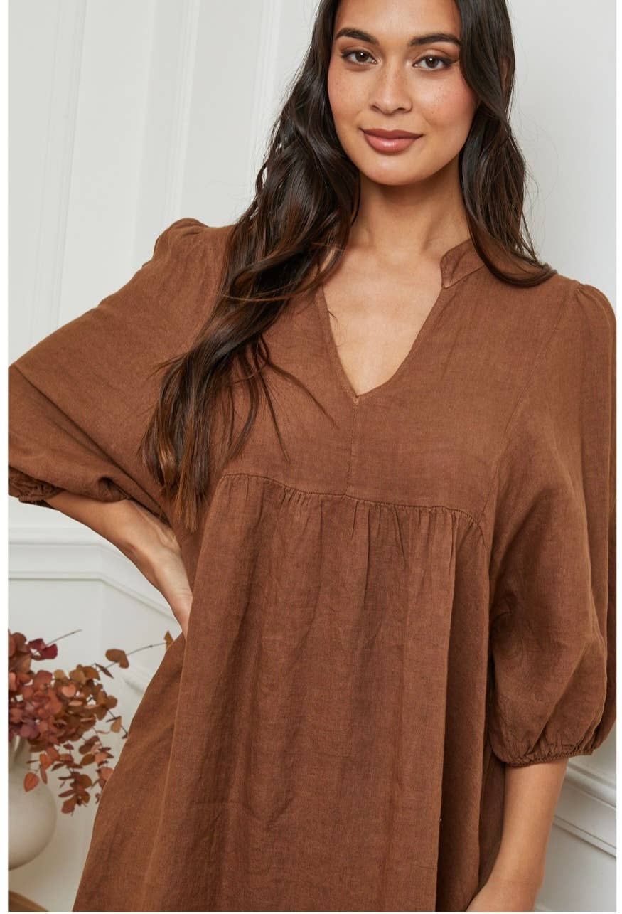 Linen Dress Balloon Sleeve - Made in Italy - Tobacco worn by model in natural setting LUXAMORE 