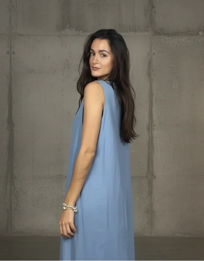 Linen Dress Made in Italy: Sleeveless Boat Neck Maxi Blue worn by model in natural setting LUXAMORE 